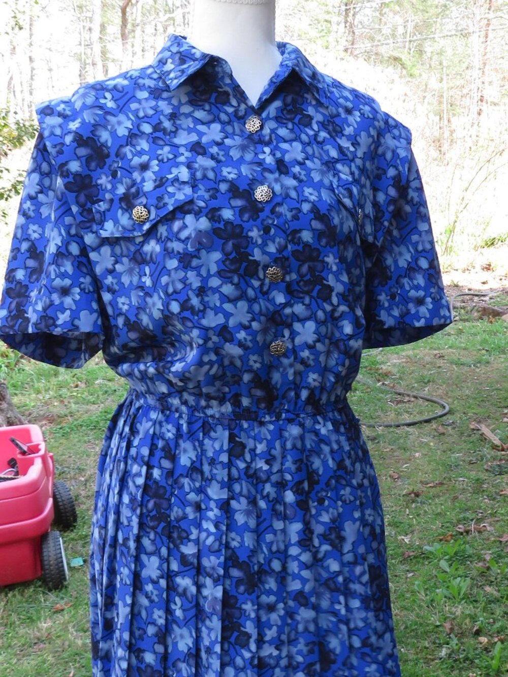 Leslie Fay Petite 16P Blue Floral Button‑Front Midi Dress | Vintage
